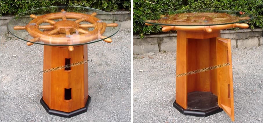 WOODEN SHIP WHEEL TABLE WITH CABINET NAUTICAL FURNITURE
